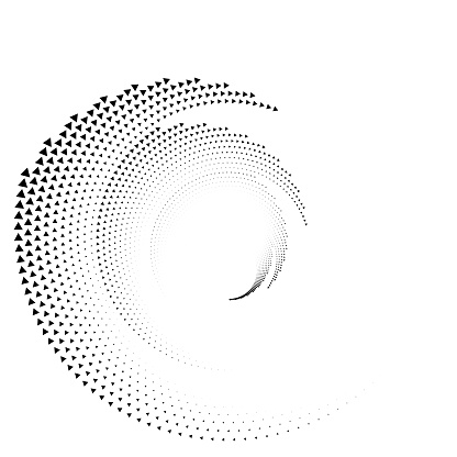 An artistic depiction of a spiral, crafted with black triangular dots that progressively reduce in size, creating a sense of movement and depth on a clean white canvas.