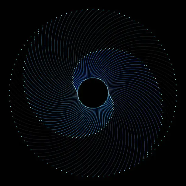 Vector illustration of Spiraling blue lines converge around a dark center, creating a hypnotic pattern.