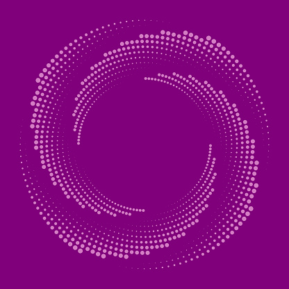 The image presents an array of magenta dots that form concentric swirls, gradually decreasing in size to create a deep, hypnotic vortex effect on purple background