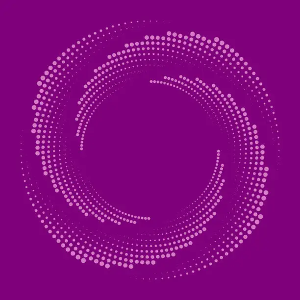 Vector illustration of Magenta dot swirls create a hypnotic vortex on purple background