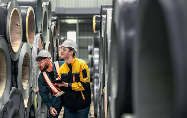 istock Metal sheet workers perform routine quality checking, enhancing assurance in roofing infrastructure 1798378549