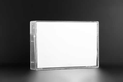 Blank compact cassette tape box design mockup view. Vintage cassete tape record case box mock up. Plastic analog magnetic tape cassette clear packaging template. Mixtape box cover
