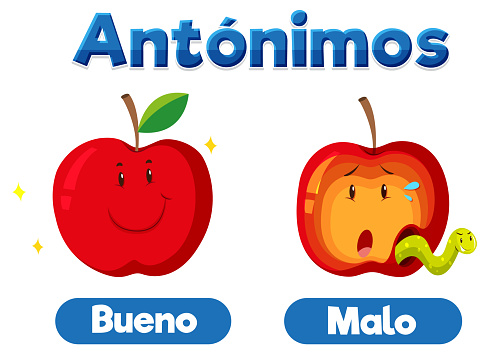 Illustrated word card featuring antonyms in Spanish language means good and bad