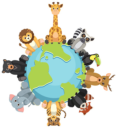 Vector cartoon illustration of wild animals sitting on a globe