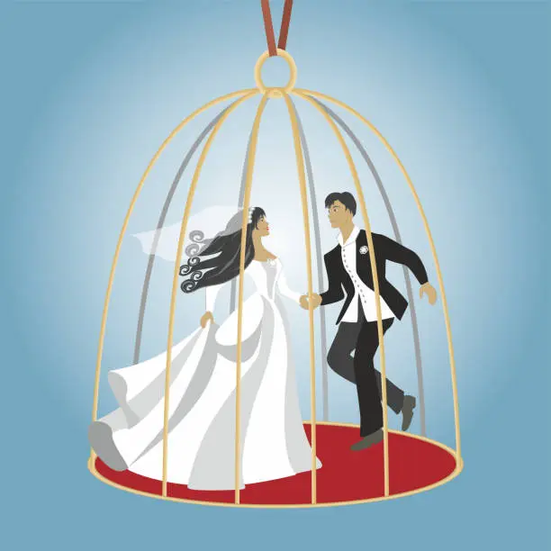 Vector illustration of Wedding, trapped in birdcage. Woman and man dancing behind the bars. Square composition. Vector illustration.