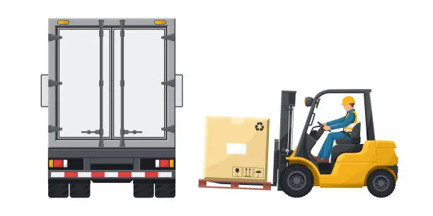 Vector illustration of Worker driving a forklift loading merchandise into a refrigerated truck. Fork lift truck driving safety. Security First. Cargo and shipping logistics. Industrial storage and distribution of products
