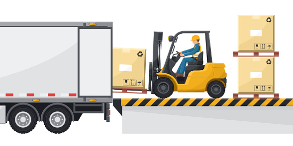 Forklift loading  merchandise to a container truck at the loading and unloading dock. Forklift driving safety. Cargo and shipping logistics. Industrial storage and distribution of products