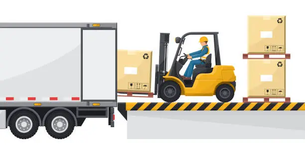 Vector illustration of Forklift loading  merchandise to a container truck at the loading and unloading dock. Forklift driving safety. Cargo and shipping logistics. Industrial storage and distribution of products