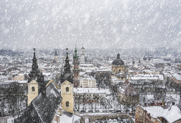 istock Panoramic view on Lviv in winter from drone 1798442931