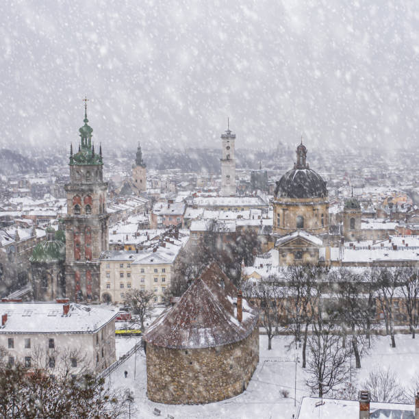 istock Panoramic view on Lviv in winter from drone 1798442999