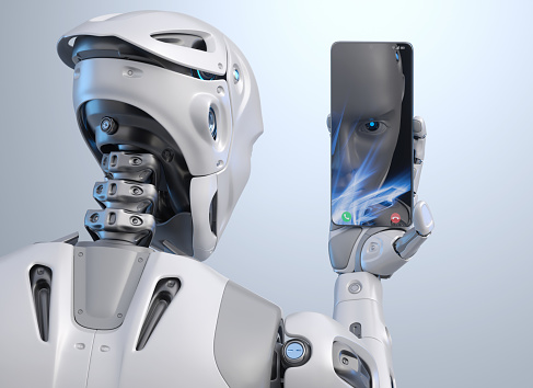 Robot Take Selfie Photo On Smart Phone. 3D illustration