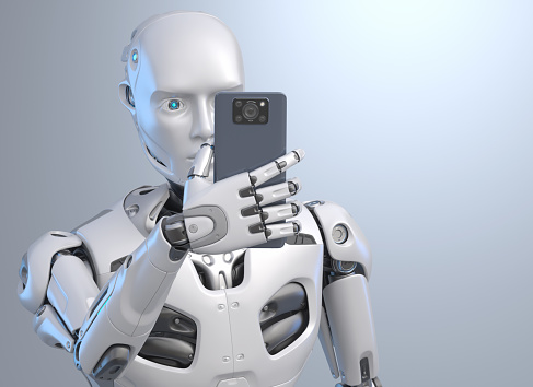 Robot Take Photo On Smart Phone. 3D illustration