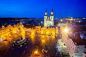 Aerial View of Prague Old Town Square at Night.