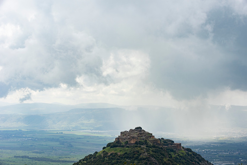 View of the ancient, mountaintop fortress named Nimrod's castle, which stands atop a peak in the foothills of Mt. Hermon in the Galilee, northern Israel.