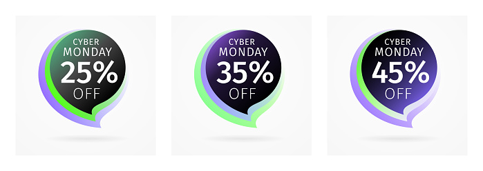 Cyber Monday Sale Discount Banner. Speech bubble with percentage number. Template with 25, 35 and 45 percent discounts. 3 samples of black, green and blue violet gradient stickers. Vector illustration