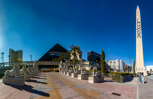Las Vegas; USA; January 18, 2023: Photograph of the sphinx avenue, pyramid and obelisk at the Luxor hotel and casino on the Las Vegas Strip, located on the city's boulevard.