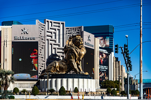 Las Vegas, USA; January 18, 2023: Lion's eye view of the MGM Grand Las Vegas and Hakkasan hotel, casino and resort on the Las Vegas Strip, located on Sin City Boulevard.
