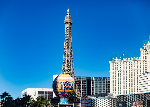 Aerial shot of casinos and hotels on the Las Vegas strip at sunset. Authorization was obtained from the FAA for this operation in restricted airspace.