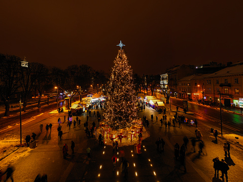Christmas tree near National Opera in Lviv, Ukraine. View from drone
