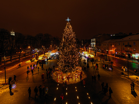 Christmas tree near National Opera in Lviv, Ukraine. View from drone