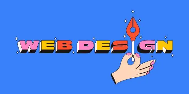 Vector illustration of Web design volumetric lettering. Bright banner with isometric letters and cartoon hand that holds vector pen tool. Trendy neobrutalism style.