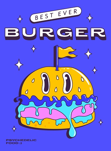 Trendy psychedelic poster with funny fast food character. Trippy burger. Vector illustration.