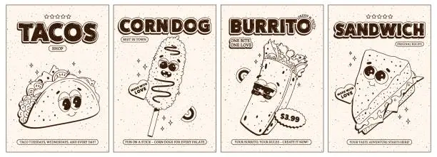 Vector illustration of Posters set with trendy retro groovy fast food characters. Taco, corn dog, burrito, sandwich. Contemporary cartoon style on 60s-70s . Mascots for bar and restaurant. Monochrome palette.