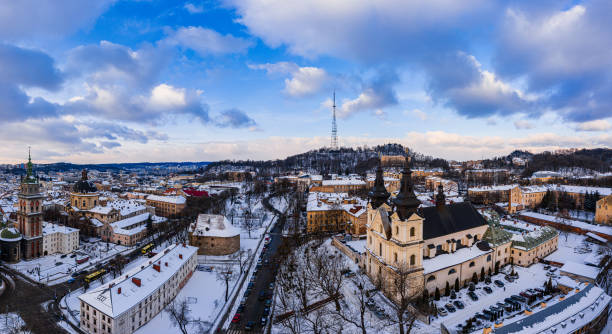 istock Panoramic view on Lviv in winter from drone 1798468013
