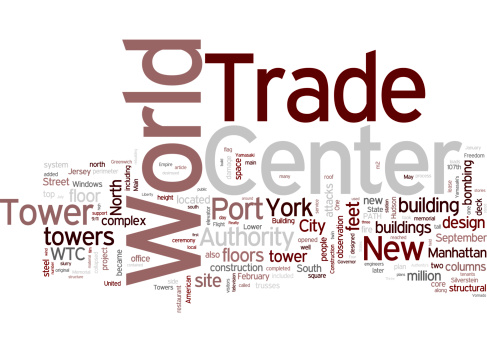 World trade center related concepts in word tag cloud isolated on white background