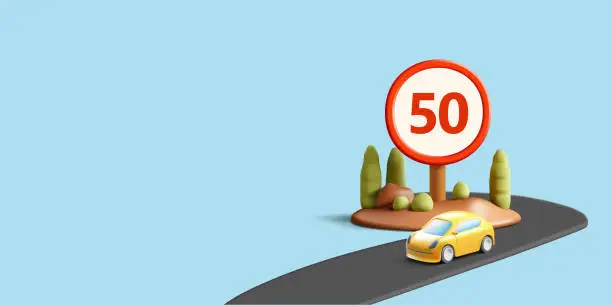 Vector illustration of Speed limit signs 50 kilometers maximum. 3D. Road, car, green landscape. The concept of safe traffic, and compliance with traffic rules in populated areas. Modern banner.