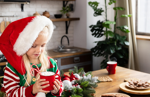 Child in Xmas sweater and Santa hat sitting on Christmas counter in festive decorated kitchen background. Kid serious and looking at red mug with beverage, marshmallow and candy canes in