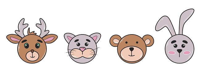 Cute baby animal characters clip art. Bunny, cat, bear and fawn cartoon style. Funny animal muzzles, isolated vector illustration