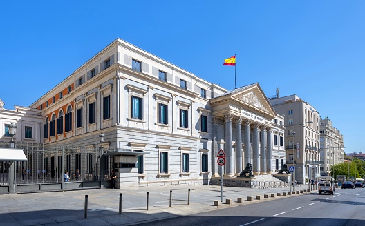 Madrid, Spain, October 5, 2023: View of the building of the Spanish parliament in the downtown of Madrid on a sunny autumn day.