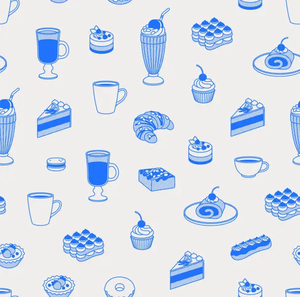 Vector illustration of Seamless pattern of desserts and cups of coffee.