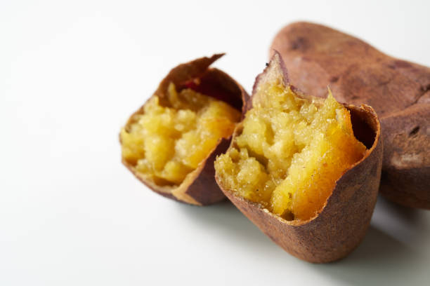 Bite-sized Japanese sweet potato on white background
