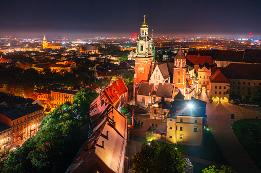 Krakow, Poland - September 15, 2023: Wawel Royal Castle at night, Krakow. Poland