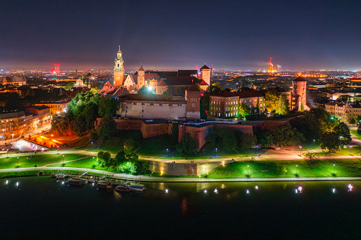 Krakow, Poland - September 15, 2023: Wawel Royal Castle at night, Krakow. Poland