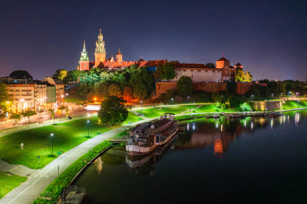 Krakow, Poland - September 15, 2023: Wawel Royal Castle at night, Krakow. Poland