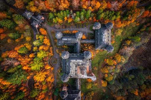 Lapalice, Poland -  November 4, 2023: Castle in Lapalice, surrounded by Kashubian forests and lakes at autumn, Poland