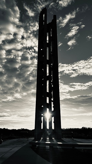 Tower of Voices with the sun shining thru in black & white at Flight 93 Memorial.