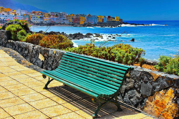 View of Puerto de la Cruz and the Atlantic from Jardines de Playa Chica park, Tenerife, Canary Islands, Spain View of Puerto de la Cruz and the Atlantic from Jardines de Playa Chica park, Tenerife, Canary Islands, Spain puerto de la cruz tenerife stock pictures, royalty-free photos & images