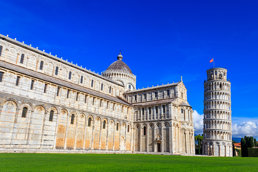 Pisa Cathedral (Cathedral of the Assumption of Mary) with the Leaning Tower of Pisa on Piazza dei Miracoli in Pisa, Tuscany, Italy