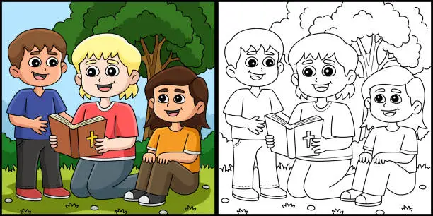 Vector illustration of Christian Children Reading a Bible Illustration