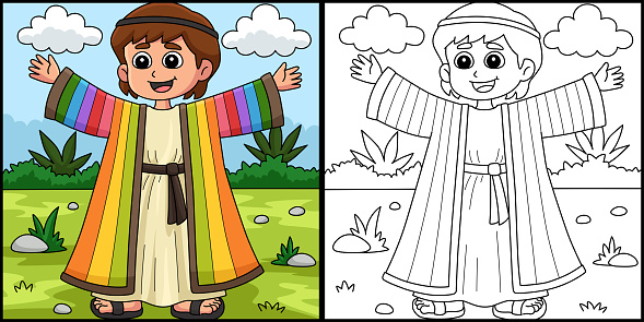 This coloring page shows a Christian Joseph. One side of this illustration is colored and serves as an inspiration for children.