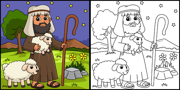 This coloring page shows a Christian Shepherd. One side of this illustration is colored and serves as an inspiration for children.