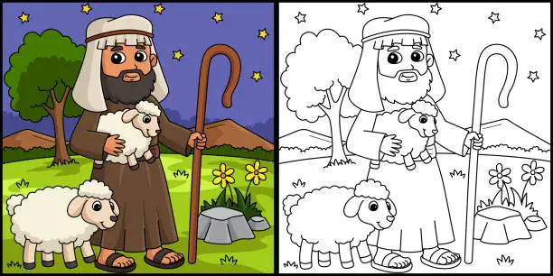 Vector illustration of Christian Shepherd Coloring Page Illustration