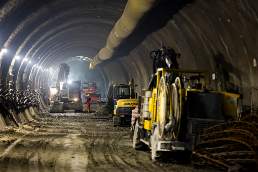 Sofia, Bulgaria - 28 June, 2023: Construction workers participate in the building of new subway line.