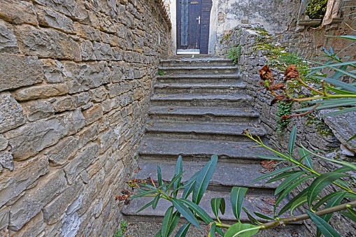 Image of an old, overgrown stone external staircase in a medieval ruin during the day