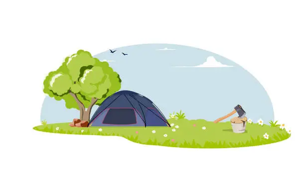 Vector illustration of Camping concept art. Flat style illustration of beautiful landscape, lake, mountains, forest, tent, and a campfire.