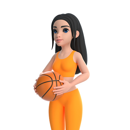 Cartoon character woman in sportswear holding basketball ball isolated on white background. 3D render illustration